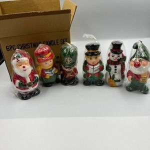 Vintage Kitsch 6 Wax Candle Christmas Figures Santa Carolers Elf Toy Soldier